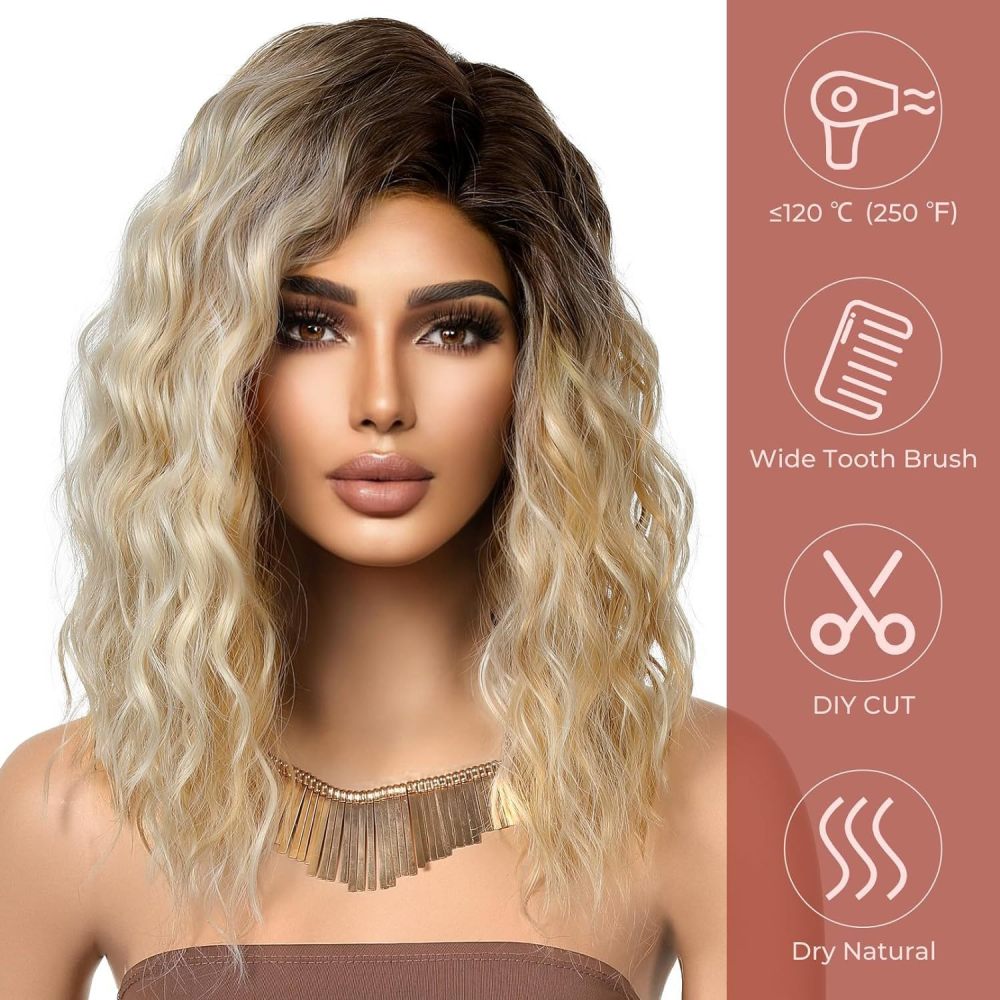 亚马逊新品 欧美女士小蕾丝棕色偏分短卷发 水波纹 高温丝头套wig