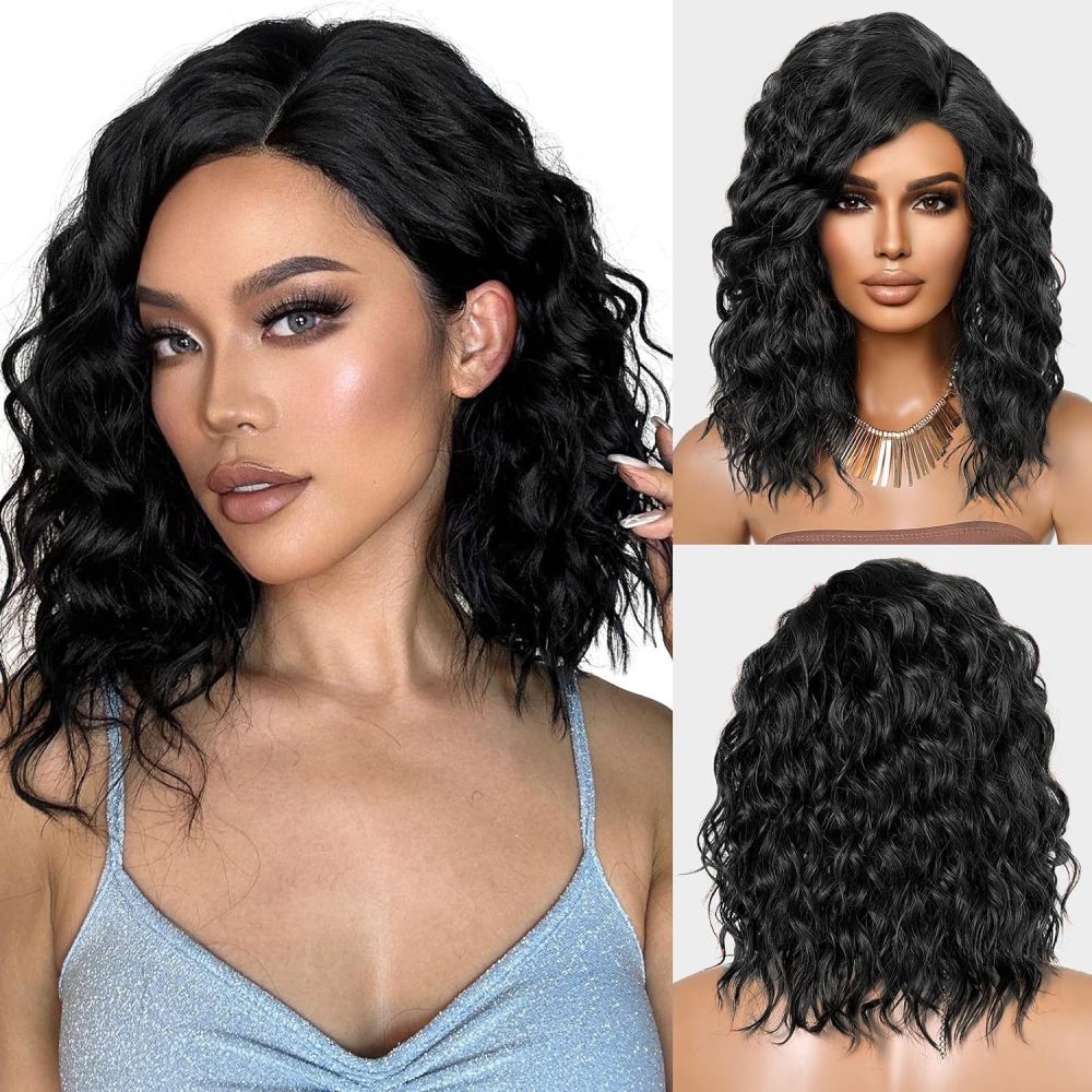 亚马逊新品 欧美女士小蕾丝棕色偏分短卷发 水波纹 高温丝头套wig