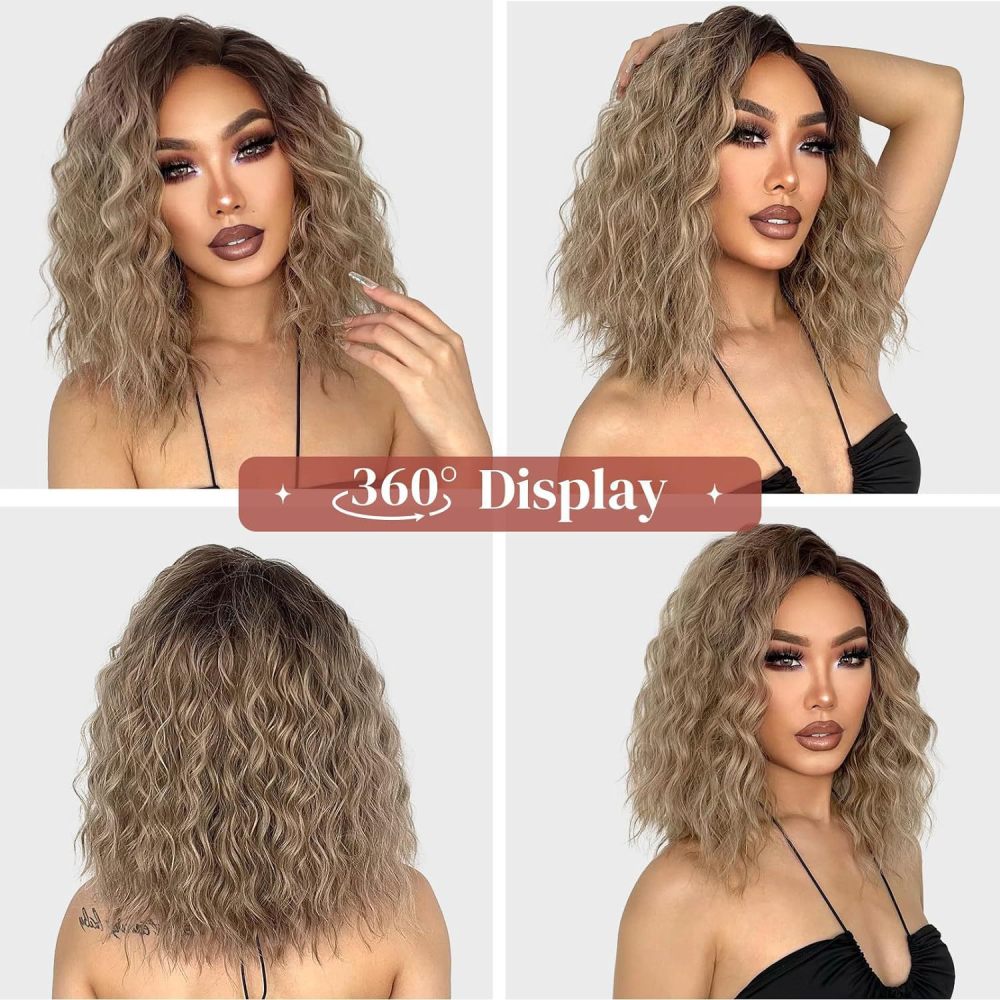 亚马逊新品 欧美女士小蕾丝棕色偏分短卷发 水波纹 高温丝头套wig