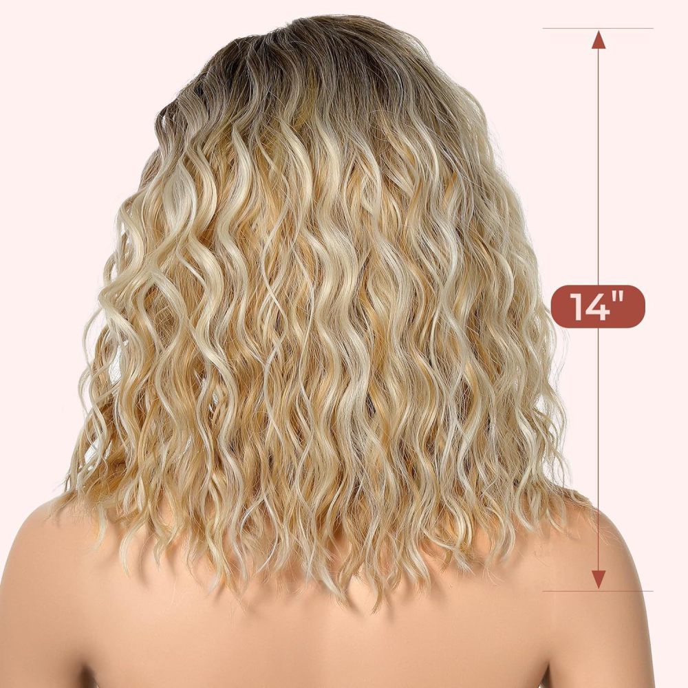 亚马逊新品 欧美女士小蕾丝棕色偏分短卷发 水波纹 高温丝头套wig