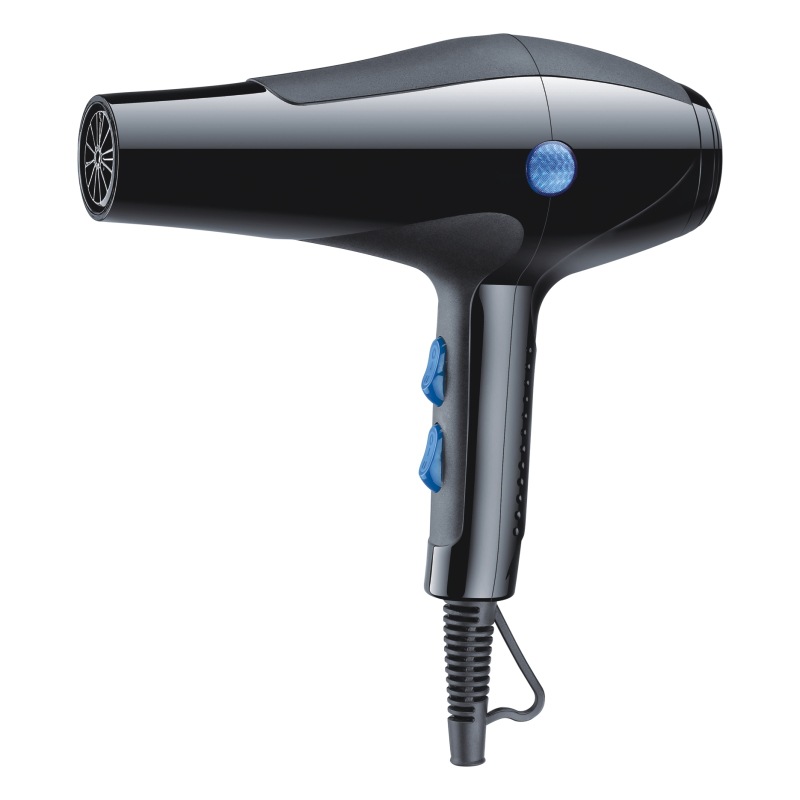 Glossy black hair dryer with blue accents, side view.