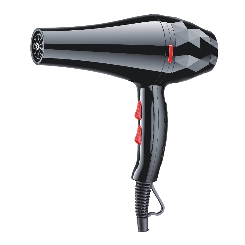 Glossy black hair dryer with red buttons and faceted rear panel.