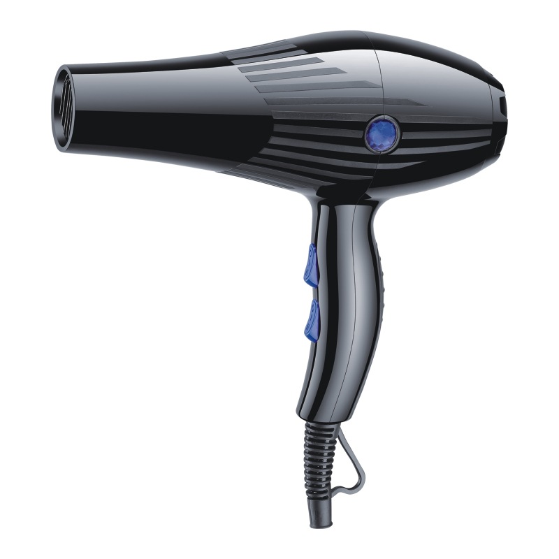 Glossy black hair dryer with blue buttons and striped vent detailing.