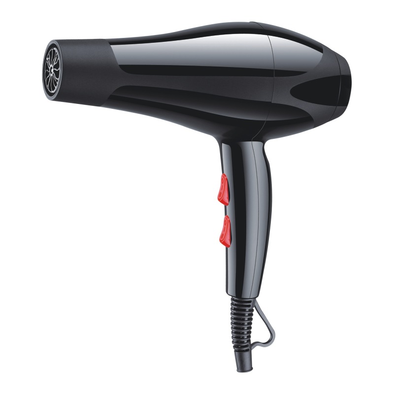 Glossy black pistol-grip hair dryer shown from the side.