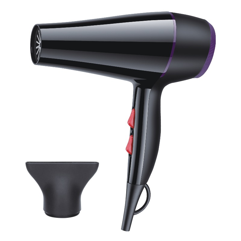 Glossy black hair dryer with purple trim and detached concentrator nozzle.