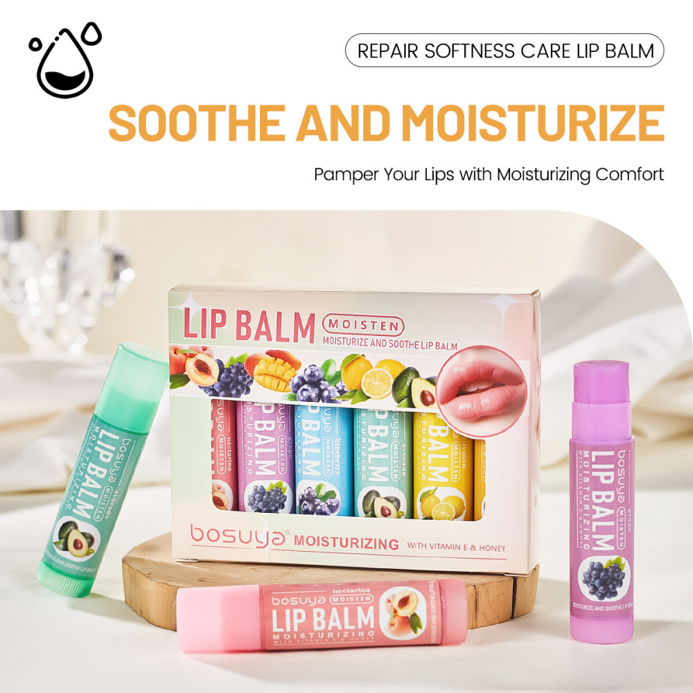 跨境专供Bosuya水果味润唇膏套盒滋润唇部护理防干裂淡纹保湿唇膏