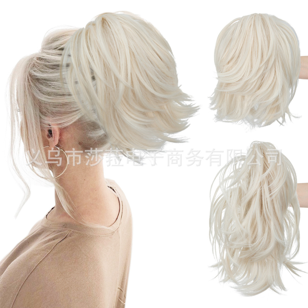 跨境欧美高温丝假发抓夹马尾女短款蓬松小卷发可调节虎口夹假马尾