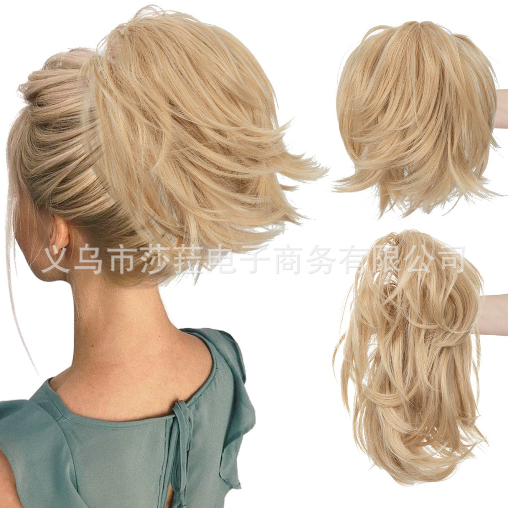 跨境欧美高温丝假发抓夹马尾女短款蓬松小卷发可调节虎口夹假马尾