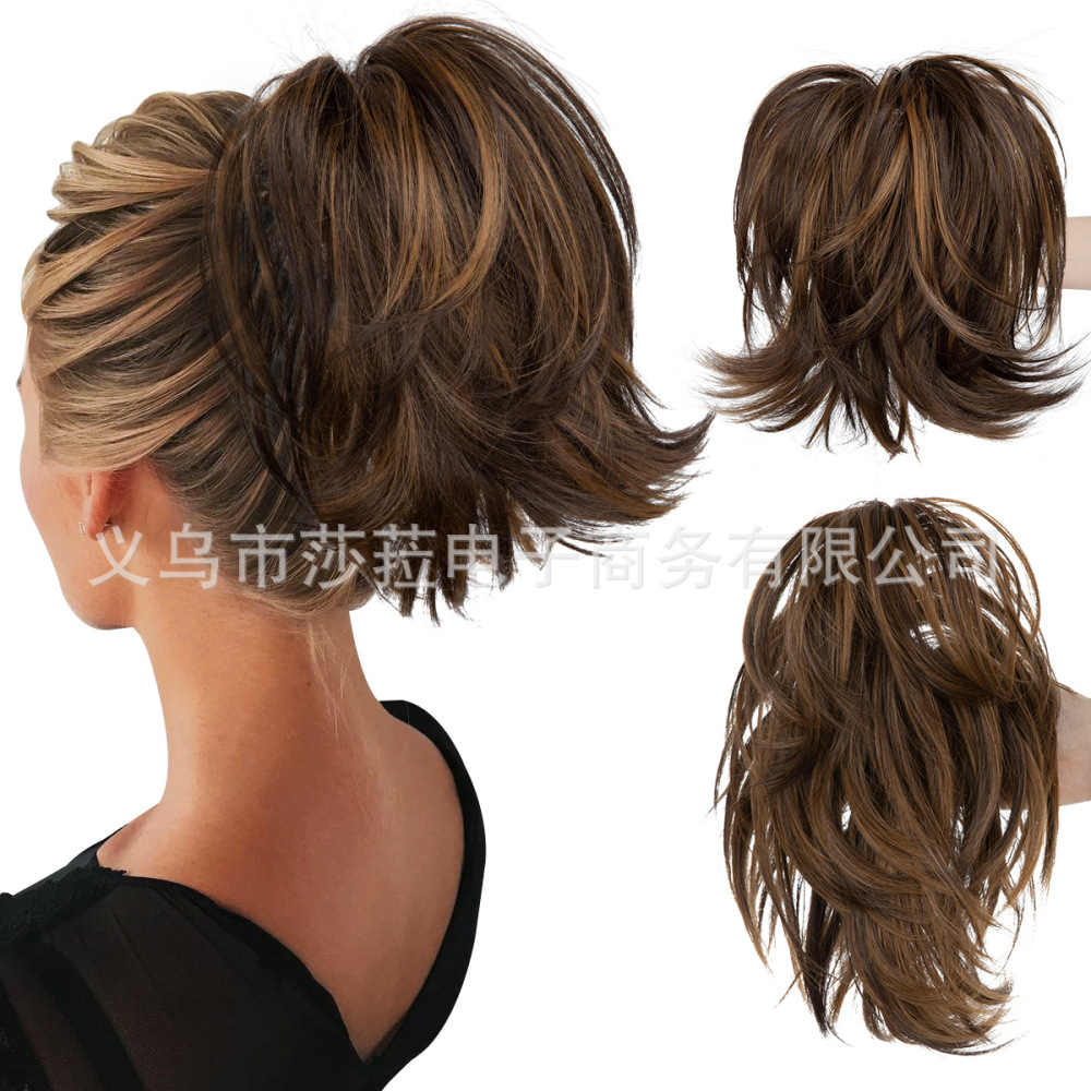 跨境欧美高温丝假发抓夹马尾女短款蓬松小卷发可调节虎口夹假马尾