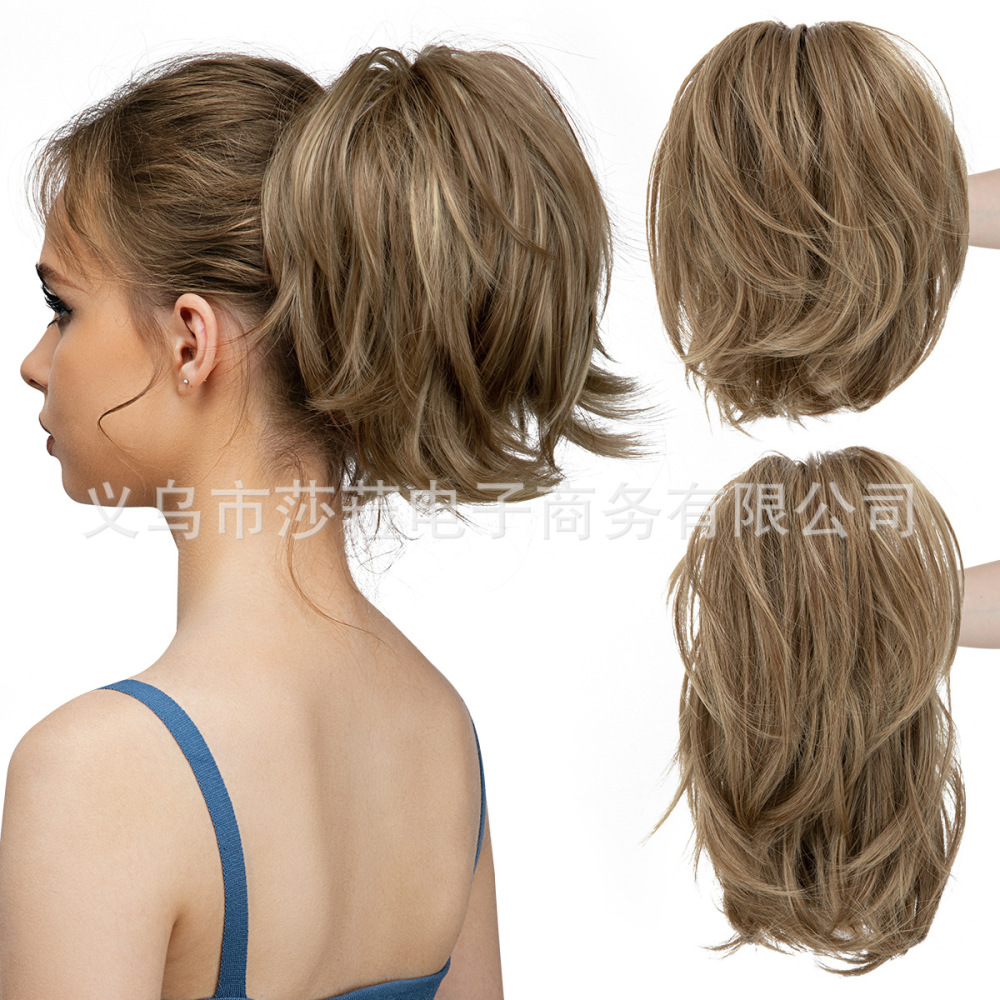 跨境欧美高温丝假发抓夹马尾女短款蓬松小卷发可调节虎口夹假马尾