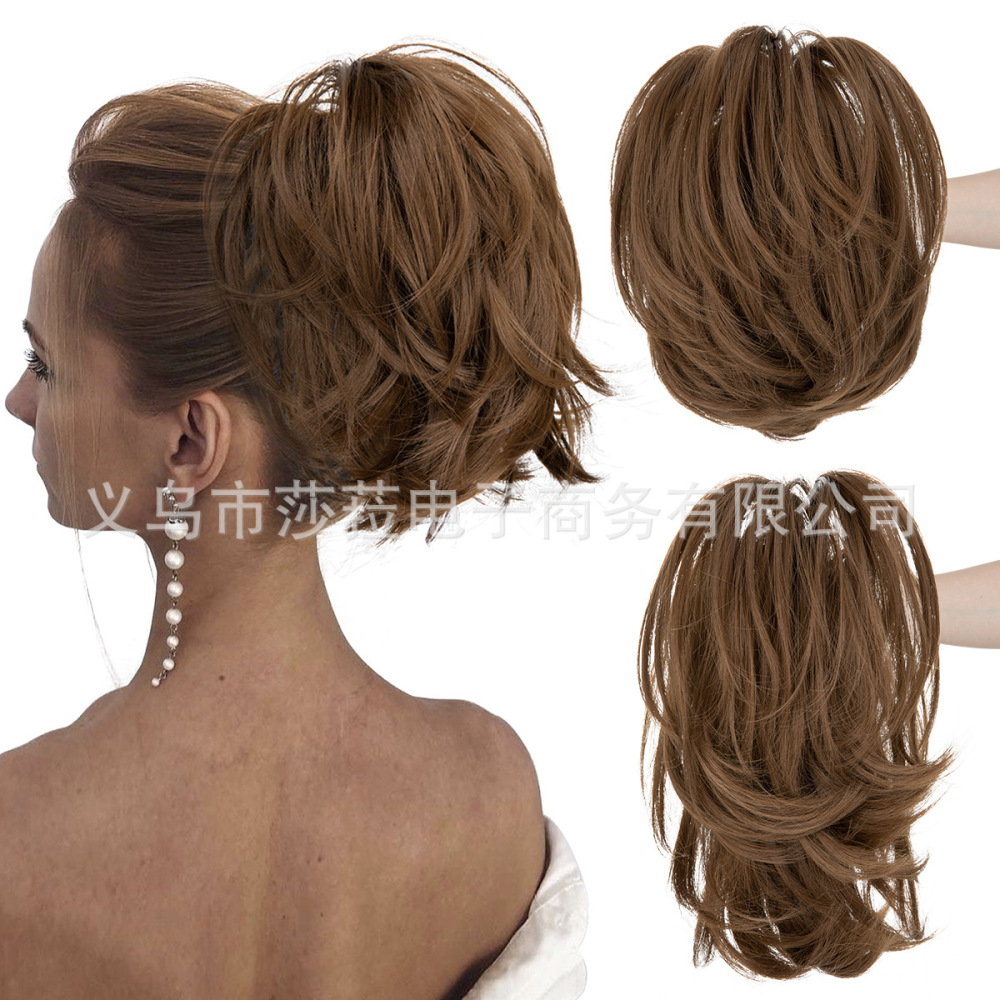 跨境欧美高温丝假发抓夹马尾女短款蓬松小卷发可调节虎口夹假马尾