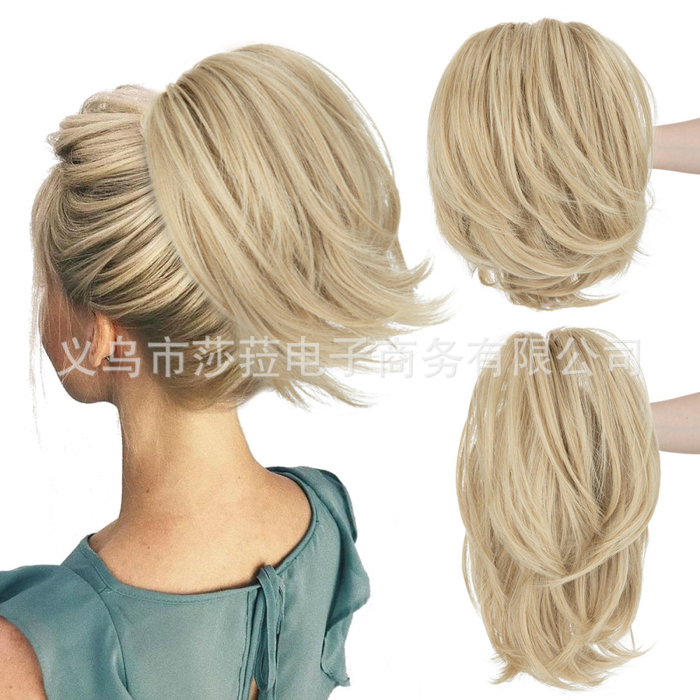 跨境欧美高温丝假发抓夹马尾女短款蓬松小卷发可调节虎口夹假马尾