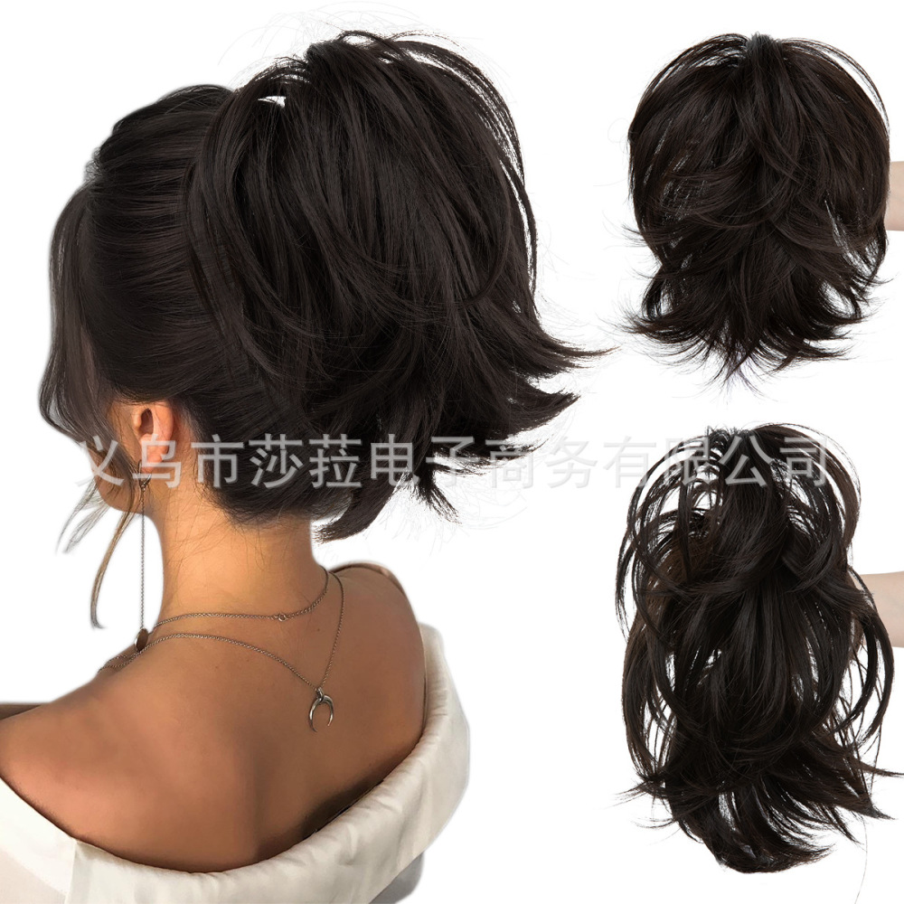 跨境欧美高温丝假发抓夹马尾女短款蓬松小卷发可调节虎口夹假马尾