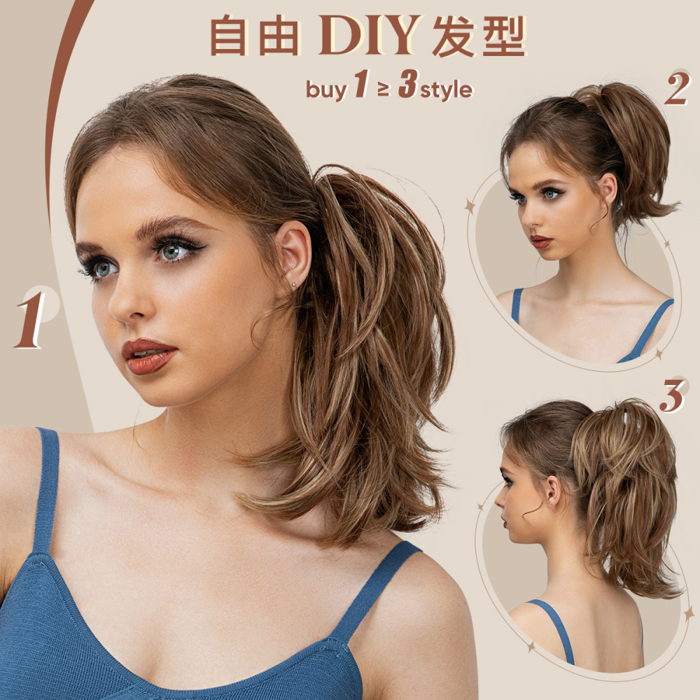 跨境欧美高温丝假发抓夹马尾女短款蓬松小卷发可调节虎口夹假马尾