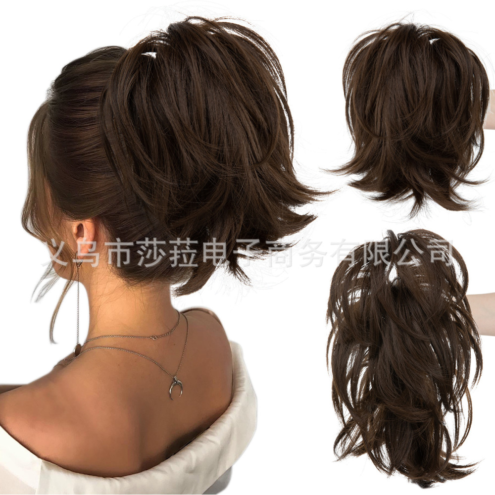 跨境欧美高温丝假发抓夹马尾女短款蓬松小卷发可调节虎口夹假马尾