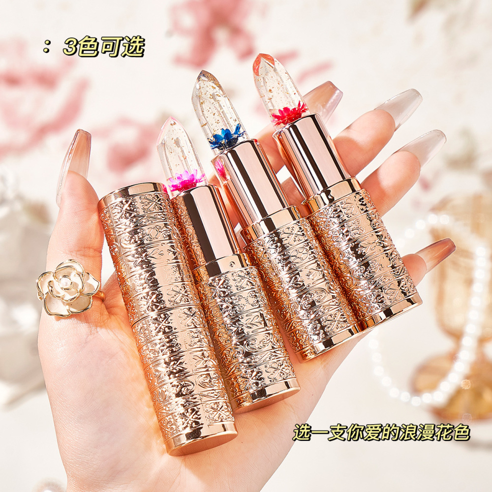 花瓣鲜花果冻变色口红金箔透明温变唇膏不沾杯不掉色滋润保湿批发