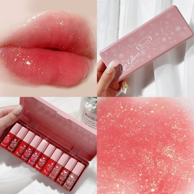 10-Color Pink Pearl Lip Gloss Set – Moisturizing Long-Lasting Lip Tint Kit