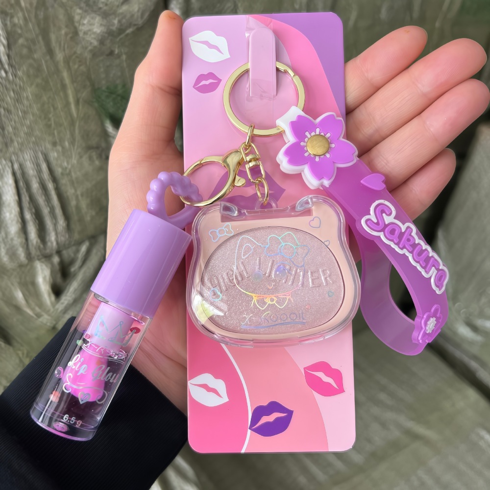 跨境新款吊链钥匙扣唇油LIP GLOSS唇彩HIGH LIGHTER高光修容套装