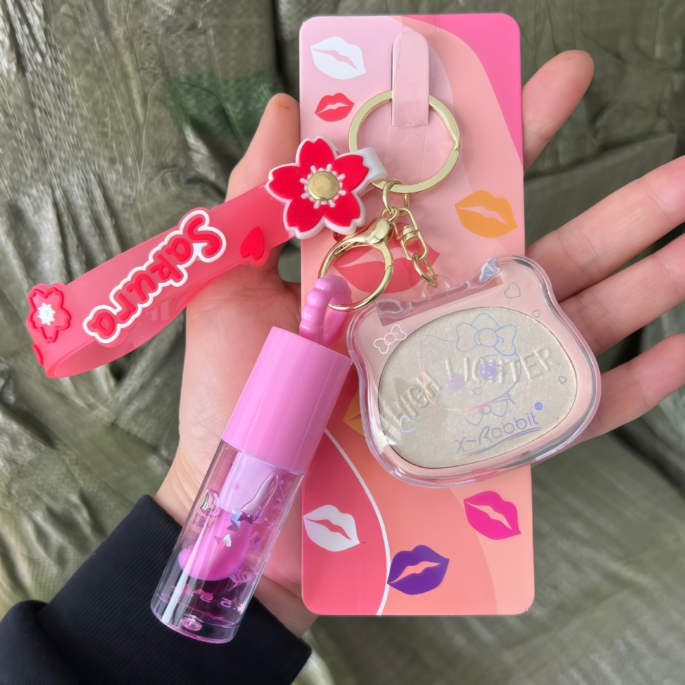 跨境新款吊链钥匙扣唇油LIP GLOSS唇彩HIGH LIGHTER高光修容套装