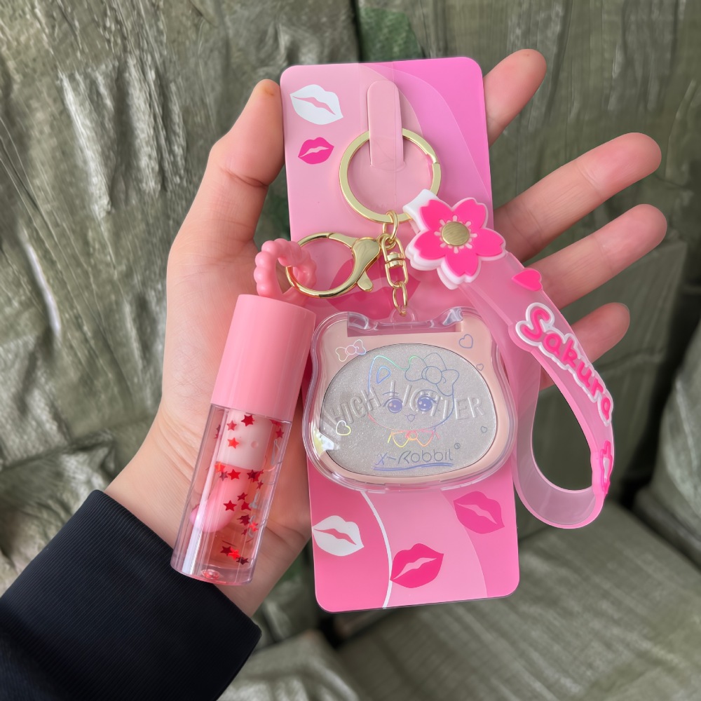 跨境新款吊链钥匙扣唇油LIP GLOSS唇彩HIGH LIGHTER高光修容套装