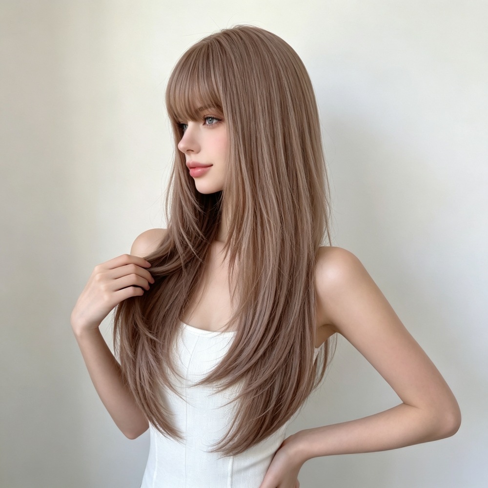速卖通跨境欧美女新品空气刘海层次感长发玫瑰网哑光丝wigs全头套