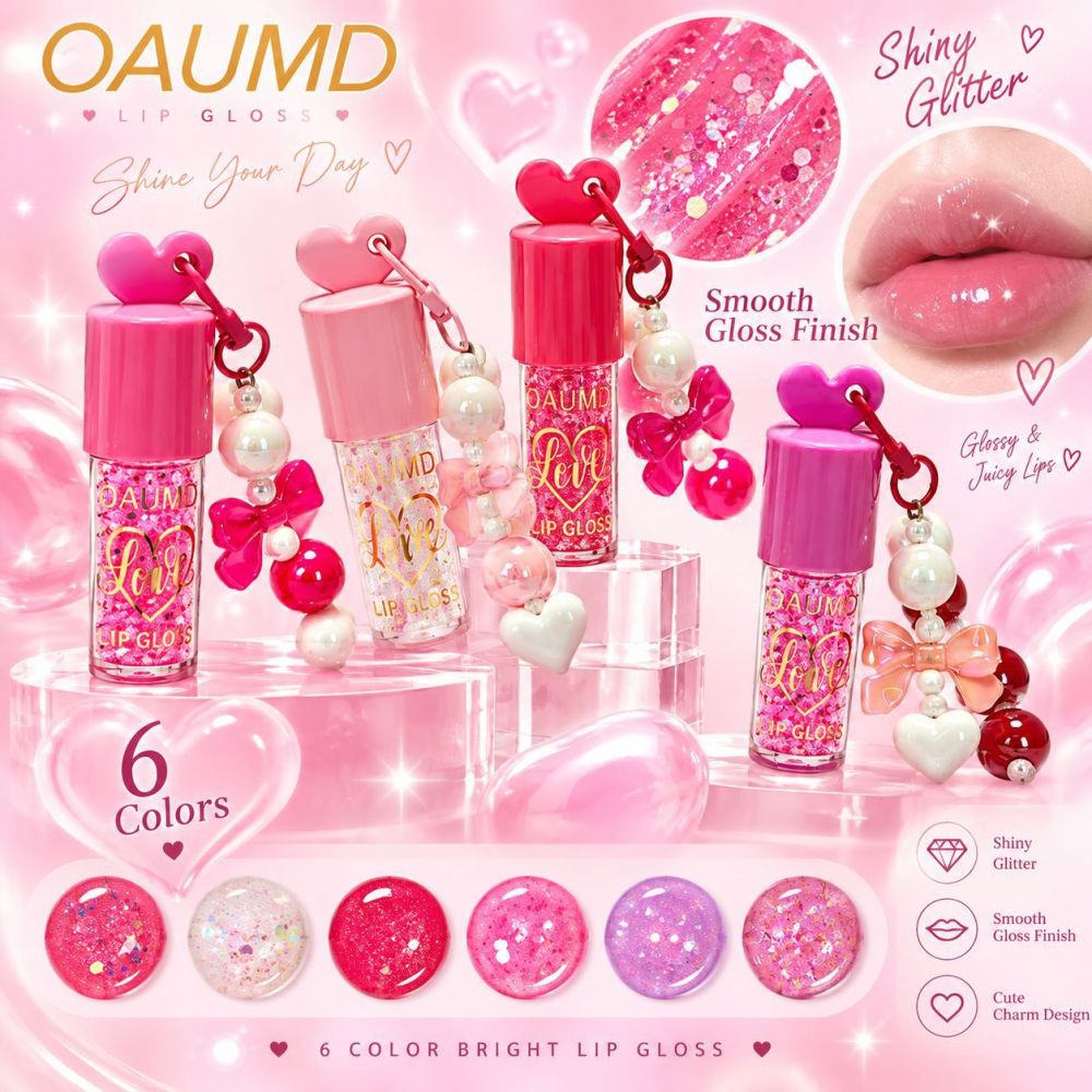 OAUMD 跨境亮片唇彩串珠爱心挂件唇蜜水光镜面嘟嘟唇保湿透亮彩妆
