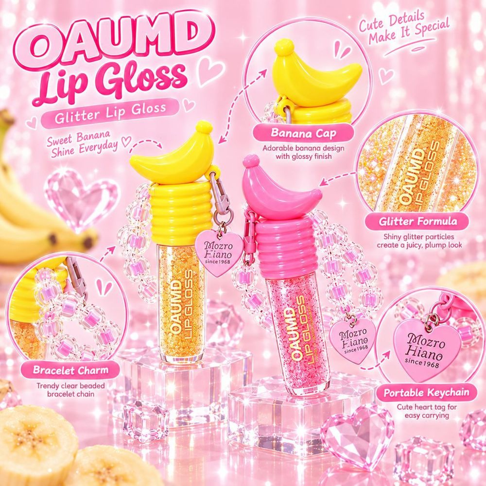 OAUMD 可爱香蕉冰棍唇彩串珠挂饰细闪水光唇油透亮嘟嘟唇外贸美妆
