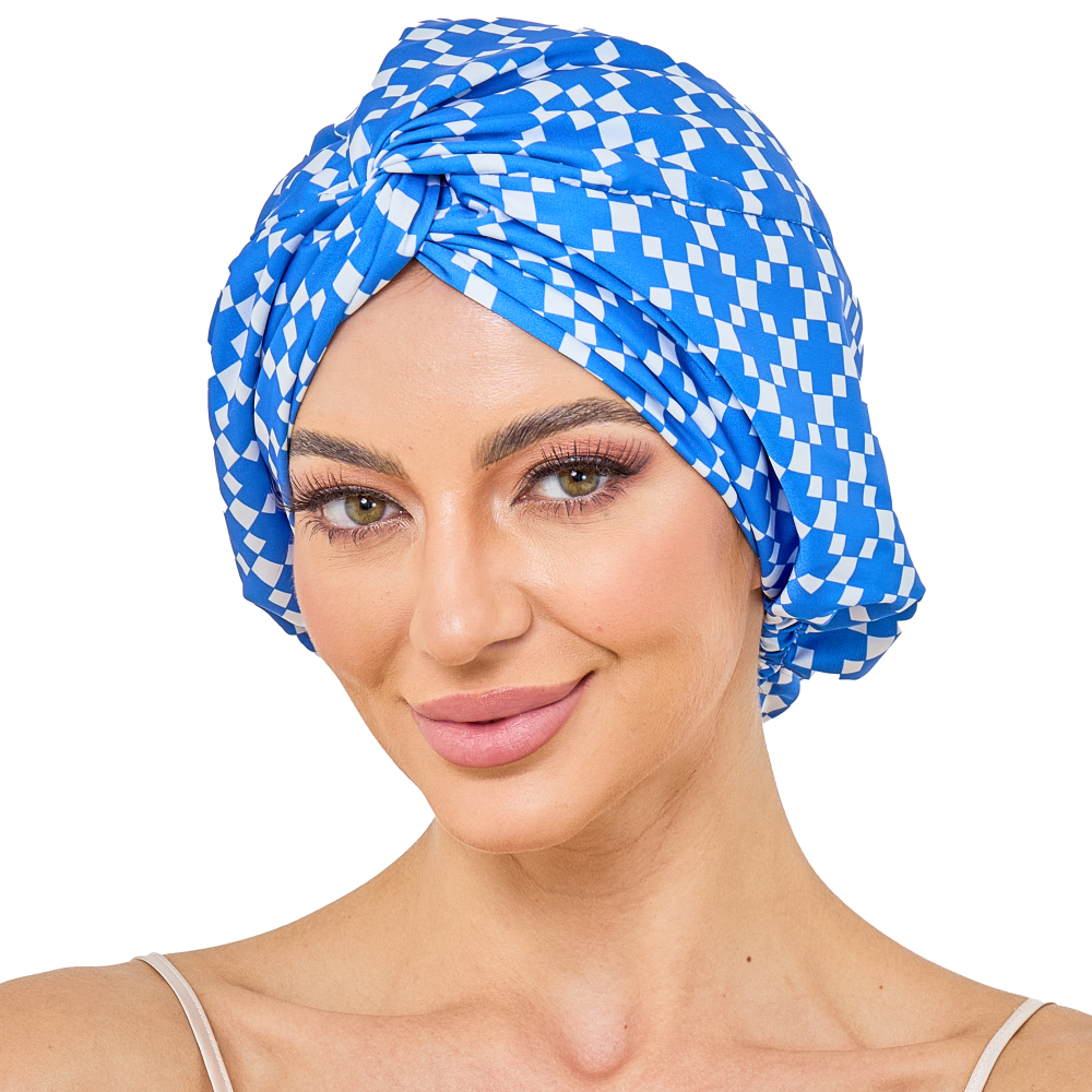 Adjustable Button Bonnet - Blue & White Checkered