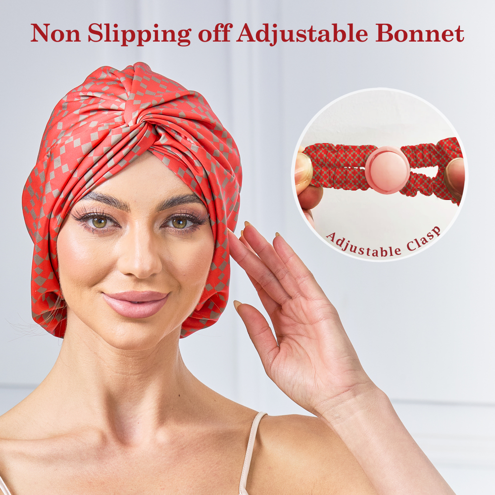 Adjustable Button Bonnet - Red & Dark Gold Checkered