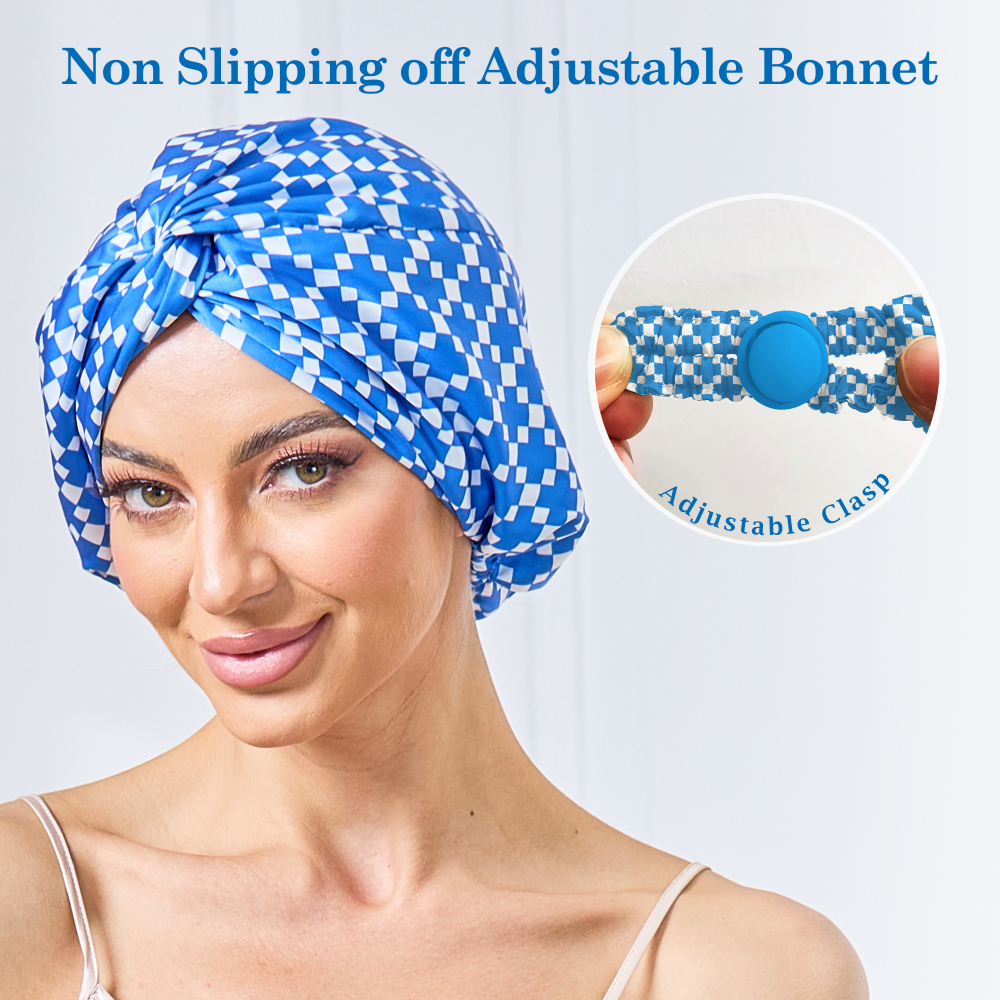 Adjustable Button Bonnet - Blue & White Checkered