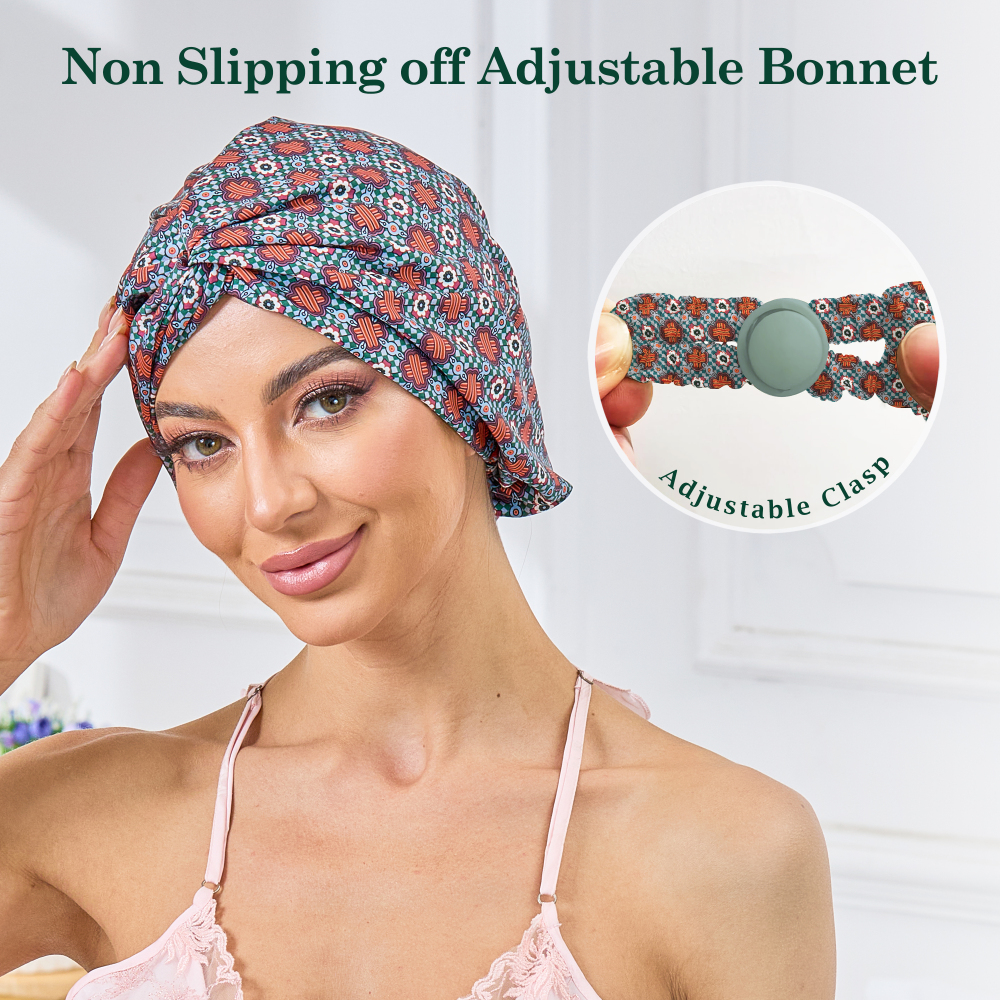 Adjustable Button Bonnet - Red & Green Crossed Flower