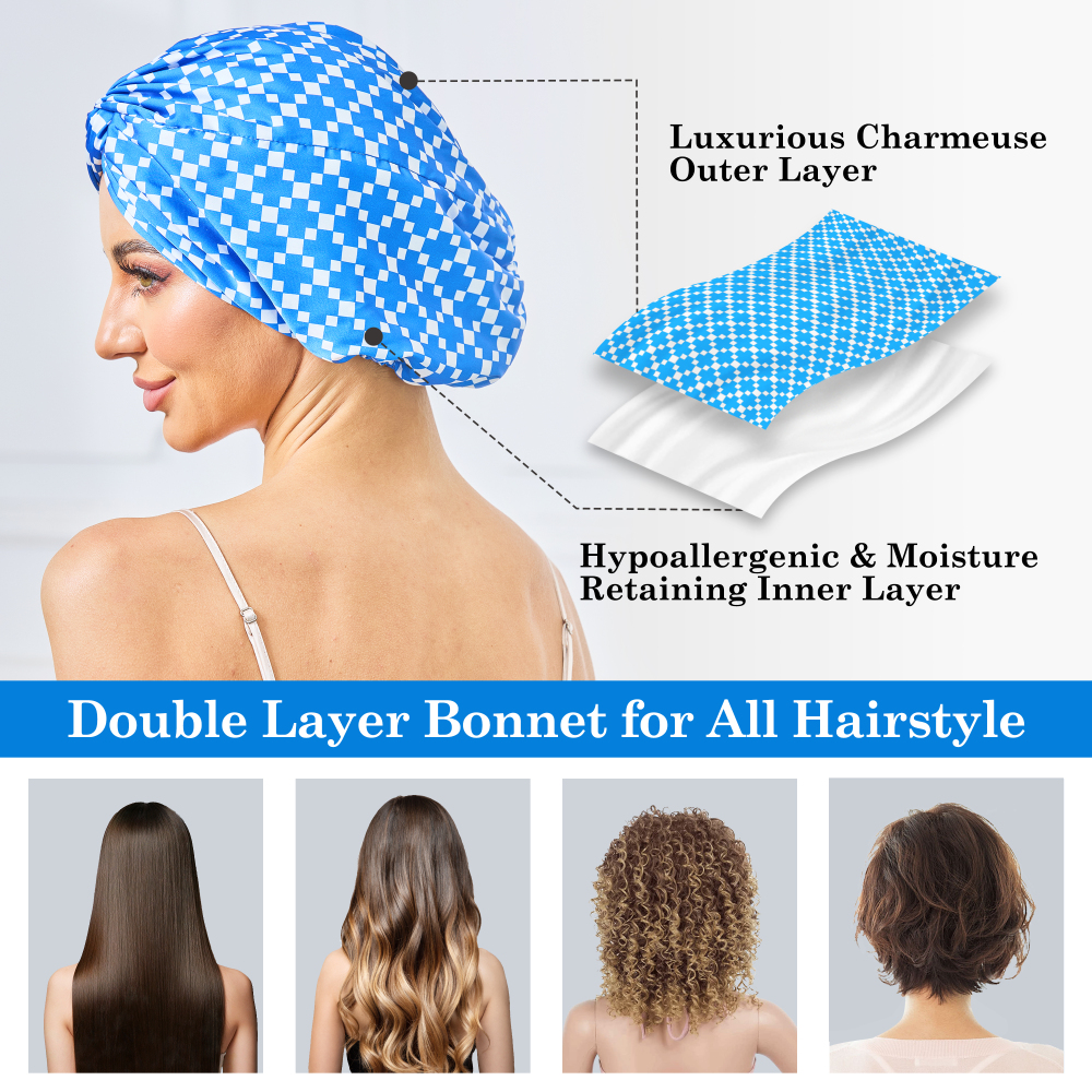 Adjustable Button Bonnet - Blue & White Checkered