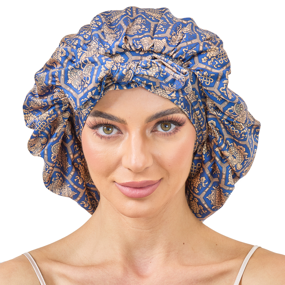 Tie Band Bonnet - Blue-Green & Gold + Pink