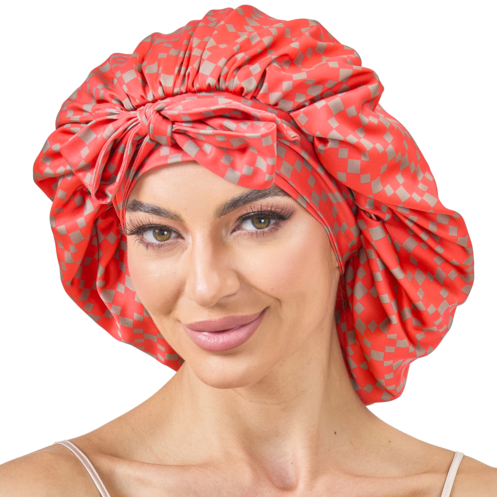 Tie Band Bonnet - Red & Dark Gold + Pink