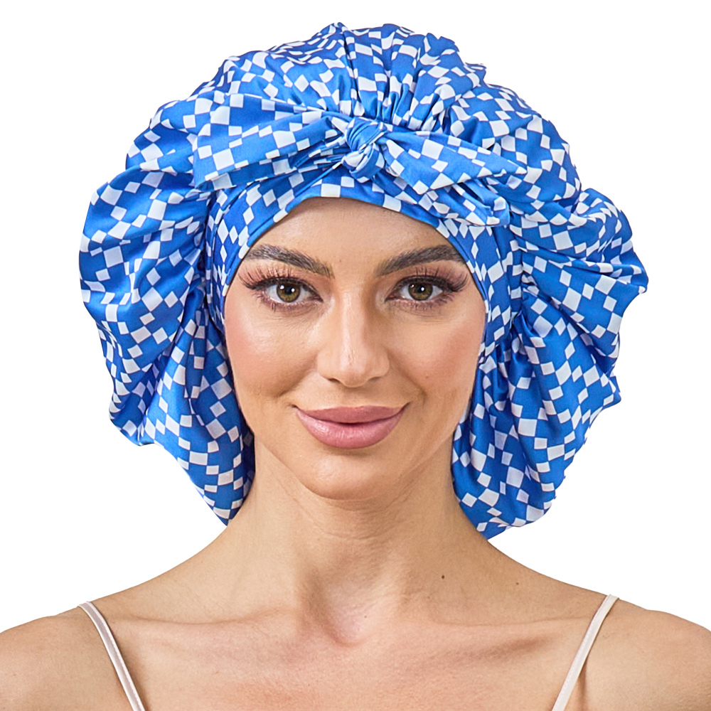 Tie Band Bonnet - Blue & White + Pink