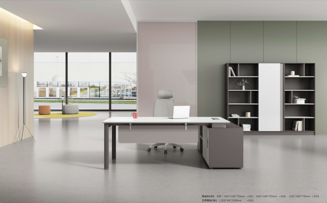 Modern Executive Desk Set with Side Cabinet