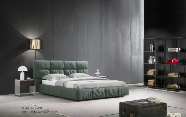Simple Green Wrinkled Leather Block Double Bed