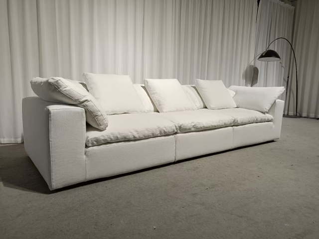 Simple White Linen Cloud Straight Sofa