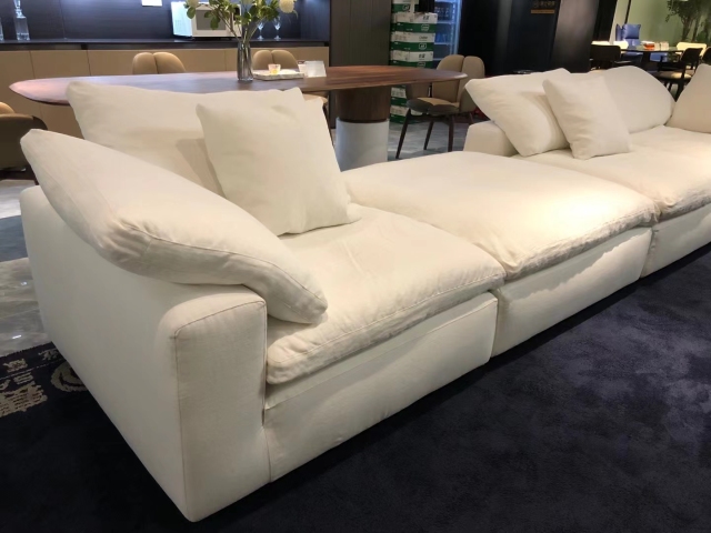 Simple White Linen Cloud Straight Sofa
