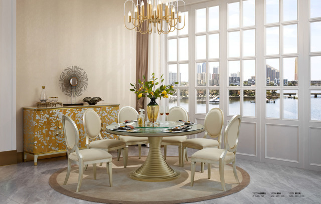 Neoclassical Round Glass Dining Table and Chair Set