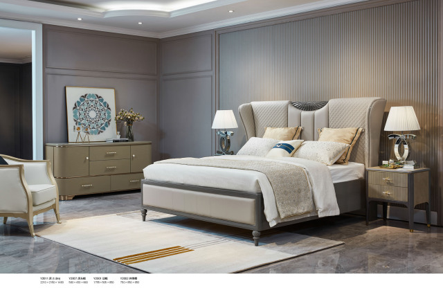 Luxury Genuine Leather and Solid Wood  Bed Set