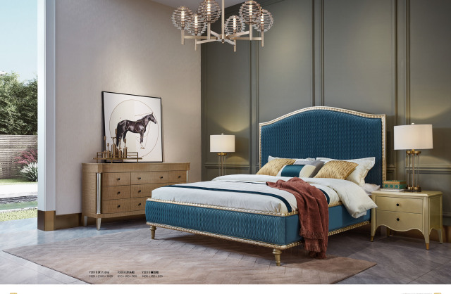 Luxury Blue Velvet Solid Wood Bed Set