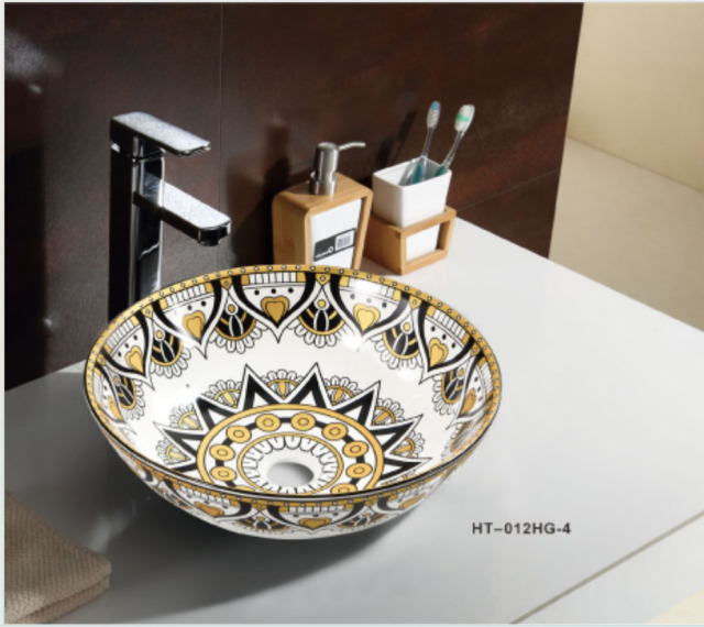 Round Ceramic Geometric Pattern Countertop Sink