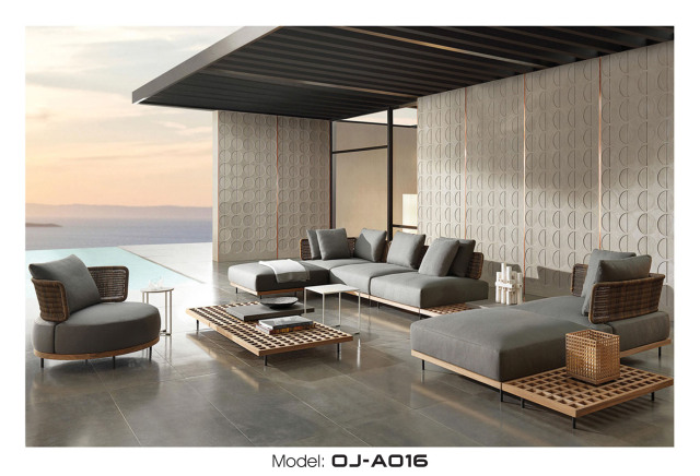 Luxury Gray Rattan and Teak Openwork Outdoor Sofa Set
