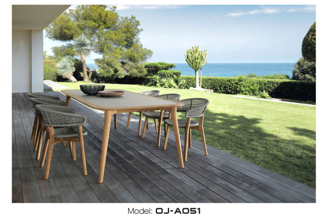 Rectangle Rope-woven Light-colored Wood Outdoor Dining Set