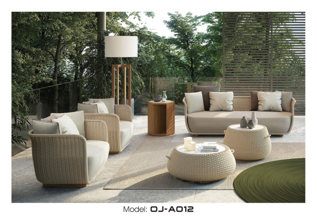 Off-white Rattan Outdoor Patio Table and Sofa Set