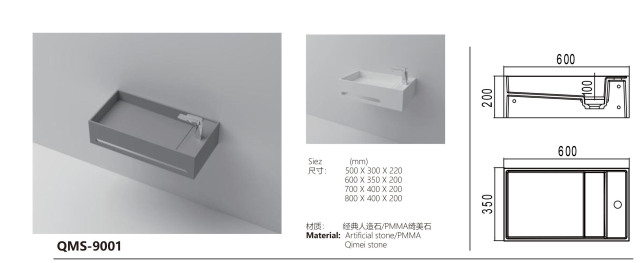 Gray/white Rectangular Wall-Mounted Artificial Stone Sink