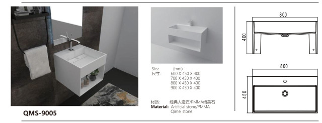 White Wall-Mounted Artificial Stone Basin with Open Storage