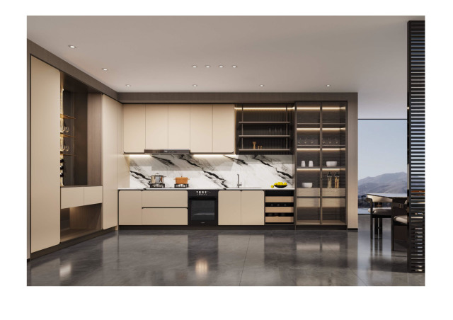 New Chinese Style Champagne Gold Wooden Kitchen Cabinet