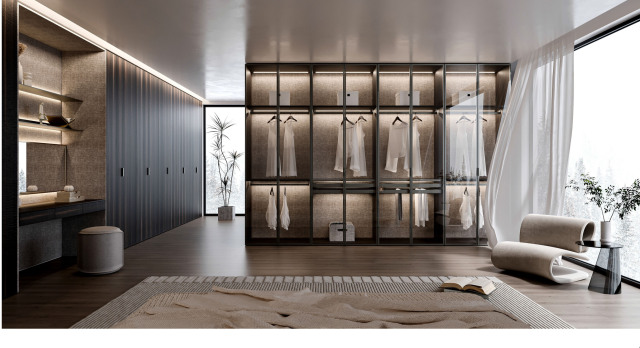 Aluminum Framed Dark Wood Panel Wardrobe